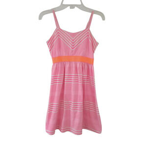 Girls Sundress Large 10/12, Bright Pink and White Stripes, Orange Band